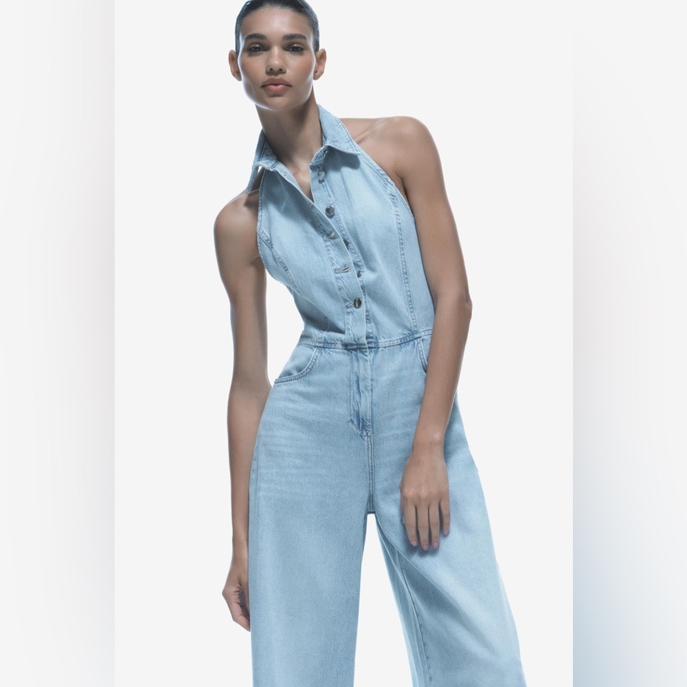 Zara jumpsuit denim halter wide leg open back bohemian casual summer - Picture 12 of 12